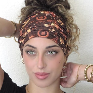 Brown Boho Scrunchy Headband, Hippie Wide Headband, Yoga Headband, Floral Tube Headband, Women Headwrap, Soft Head Cover, Hiking Headband