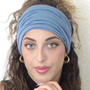 Blue Solid Headband, Boho Scrunchy Headband, Hippie Dreadlock Head Wrap, Yoga Wide Headband, Tube Bandana Headband, Soft Solid Hair Scarf