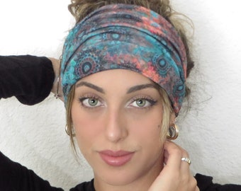 Bandeau bohème chouchou, large bandeau hippie, bandeau de yoga, bandeau bandana, accessoires cheveux pour femme, bandeau bleu sarcelle, bandeau avec noeud, turban