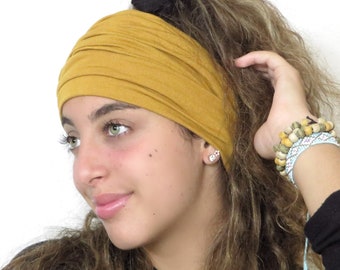 Faixa de cabelo extra larga e franzida na cor mostarda, ideal para ioga, corrida e exercícios. Perfeita para mulheres. Estilo boho bandeau.