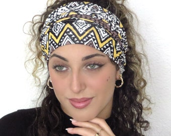 Aztec Wide Headband, Boho Jersey Headband, Soft Yoga Headband, Adult Headband, Scrunch Headband, Men Headband, Dreadlock Hair Wrap