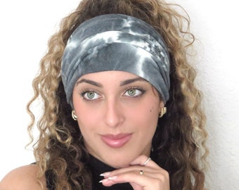Diadema gris con efecto tie-dye, diadema ancha con nudo, diadema ancha para yoga, diadema bohemia con fruncido, diadema turbante, turbante ancho, pañuelo para la cabeza, pañuelo para el cabello