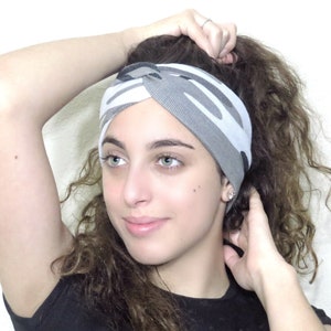 Camouflage Turban Headband, Gray Yoga Headband, Adult Twist Headband, Winter Headband, Camo Headband, Military Army Headband, Wide Headband