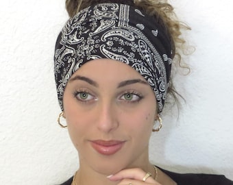 Black White Bandana, Wide Headband, Knot Wide Headband, Yoga Headband, Boho Scrunch Headband, Wide Turban Headband, Head Wrap, Hair Scarf