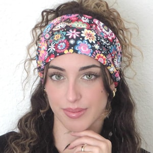 Faixa larga de boho, faixa de cabeça com nó, faixa larga de ioga, faixa de cabeça hippie scrunch, faixa de cabeça turbante floral, faixa de cabeça, lenço de cabelo colorido