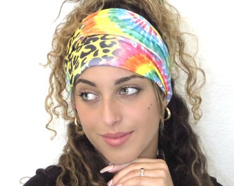 Tie Dye Boho Headband, Wide Yoga Headband, Hippie Scrunch Headband, Leopard Yellow Headband, Wide Turban, Women Hair Scarf, Headwrap, Turban