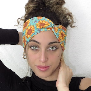 Sunflower Headband, Wide Turban Headband, Floral Yoga Headband, Twisted Headband, Teal Hippie Headband, Women Knot Headband, Boho Headband