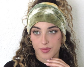 Green Boho Scrunchy Headband, Hippie Wide Headband, Yoga Headband, Tie Dye Bandana Headband, Women Turban, Boho Headband, Hair Accessories