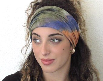 Tie Dye Scrunch Stirnband, Hippie Stirnband, Boho Yoga Stirnband, Bandana Stirnband, Haarschmuck, Regenbogen breites Stirnband, Knoten Stirnband