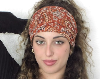 Boho Scrunchy Headband, Hippie Wide Headband, Yoga Headband, Paisley Bandana Headband, Terracotta Turban, Women Headband, Hair Accessories