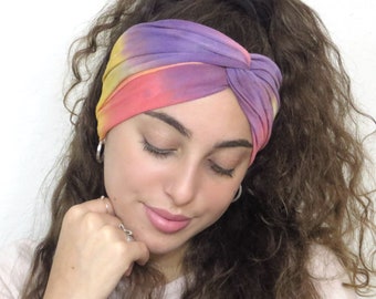 Tie Dye Headband, Yoga Headband, Turban Headband, Adult Headband, Purple Turban, Women Headwrap, Jersey Twist Headband, Boho Wide Headband