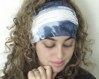 Extra Wide Headband, Yoga Headband, Boho Headband, Running Headband, Blue Tie Dye Headband, No Slip Wide Headband, Hippie Scrunch Headband