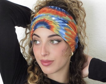Tie Dye Scrunch Stirnband, Hippie Stirnband, Boho Yoga Stirnband, Bandana Stirnband, Haarschmuck, Regenbogen breites Stirnband, Knoten Stirnband