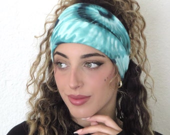 Diadema verde con efecto tie-dye, diadema hippie fruncida, diadema bohemia de yoga, diadema tipo bandana, accesorios para el cabello, diadema ancha, diadema con nudo