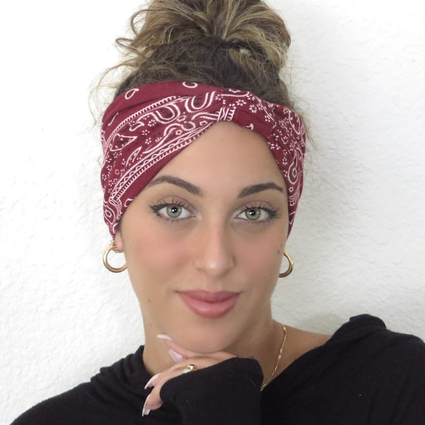 Bordeaux Headband, Wide Bandana, Knot Headband, Yoga Headband, Boho Scrunch Headband, Wide Turban Headband, Head Wrap, Hair Scarf, Tichel