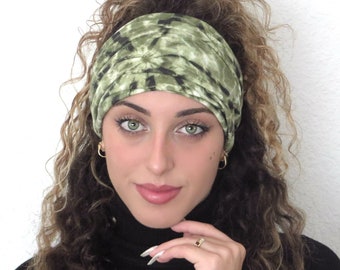 Green Tie Dye Headband, Wide Boho Headband, Knot Headband, Wide Yoga Headband, Scrunch Headband, Turban Headband, Head Wrap, Hair Scarf