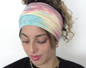 Diadema hippie con flequillo, diadema ancha bohemia, diadema de yoga, diadema con efecto tie-dye arcoíris, diadema bandana, turbante para mujer, diadema bohemia