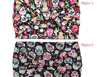 Sugar Skull headband, Scrunch Turban Headband, Twist headband, Day Of The Dead Headband, Stretchy Wide Knot Headband, Cinco de mayo Headband