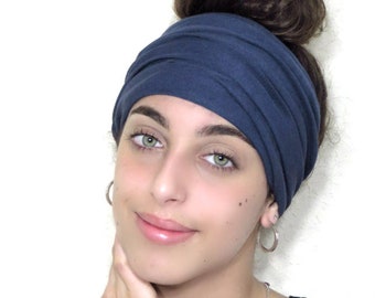 Navy Blue Extra Wide Scrunch Headband, Yoga Headband, Running Headband, Jersey Women Headband, Boho Bandeau Headband, Turban Headband