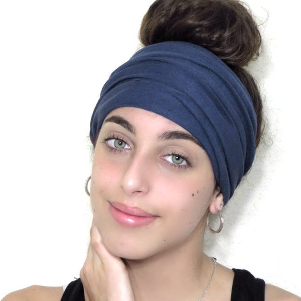 Navy Blue Extra Wide Scrunch Headband, Yoga Headband, Running Headband, Jersey Women Headband, Boho Bandeau Headband, Turban Headband