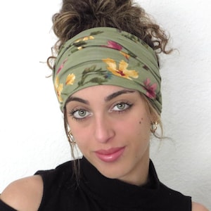 Boho Scrunchy Headband, Hippie Wide Headband, Yoga Headband, Bandana Headband, Women Turban, Sage Floral Headband, Hair Accessories image 3