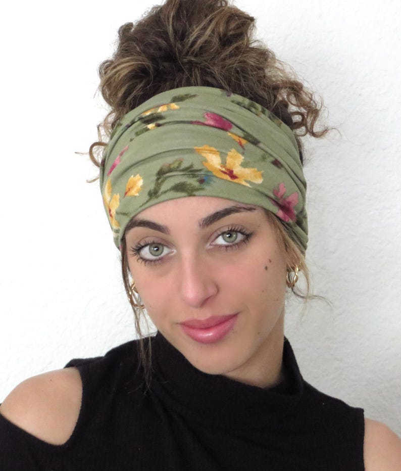 Boho Scrunchy Headband, Hippie Wide Headband, Yoga Headband, Bandana Headband, Women Turban, Sage Floral Headband, Hair Accessories image 3