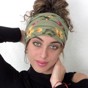 Boho Scrunchy Headband, Hippie Wide Headband, Yoga Headband, Bandana Headband, Women Turban, Sage Floral Headband, Hair Accessories image 7