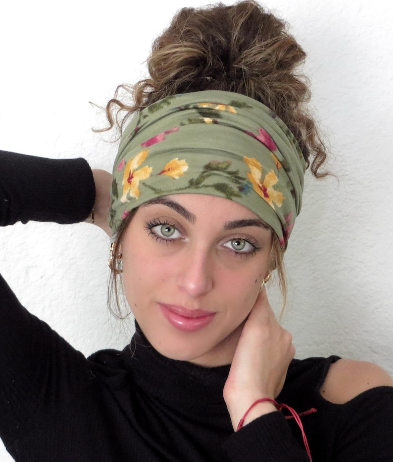 Boho Scrunchy Headband, Hippie Wide Headband, Yoga Headband, Bandana Headband, Women Turban, Sage Floral Headband, Hair Accessories image 7
