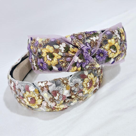 Floral Embroidered Purple Headband Floral Embroidered Headband – Stitchery Zone main image 2