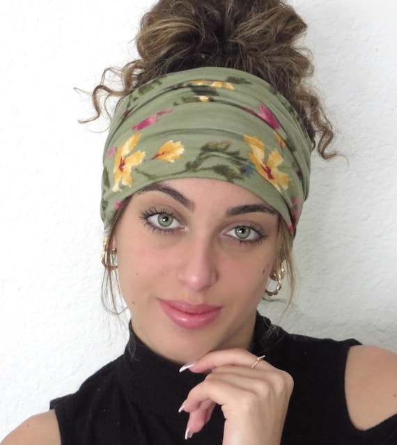 Boho Scrunchy Headband, Hippie Wide Headband, Yoga Headband, Bandana Headband, Women Turban, Sage Floral Headband, Hair Accessories
