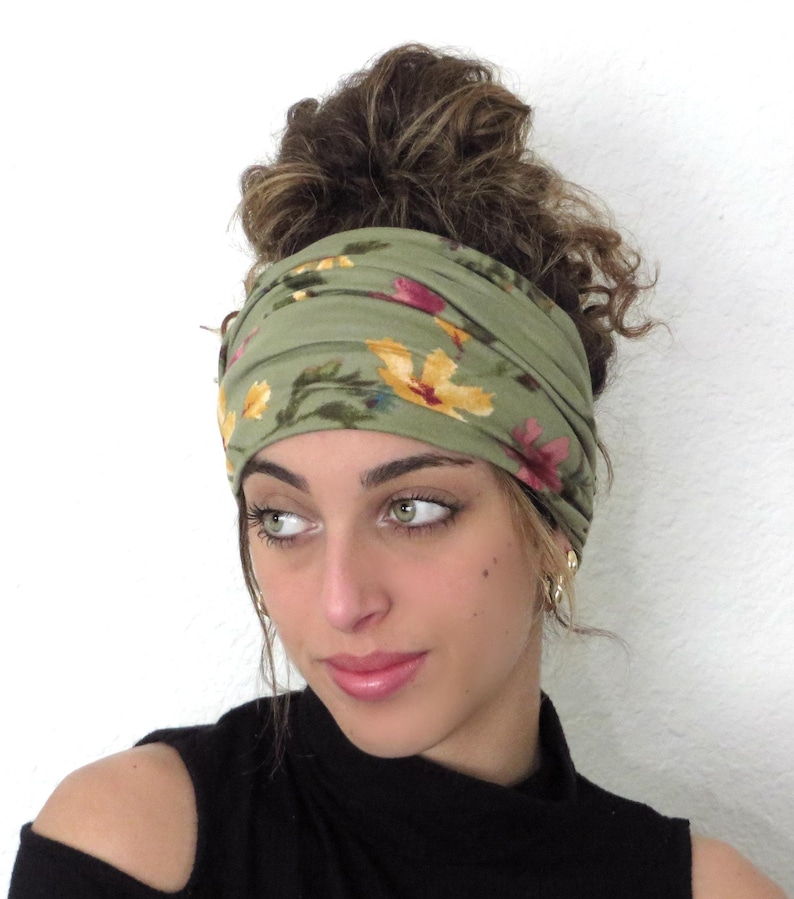 Boho Scrunchy Headband, Hippie Wide Headband, Yoga Headband, Bandana Headband, Women Turban, Sage Floral Headband, Hair Accessories image 5