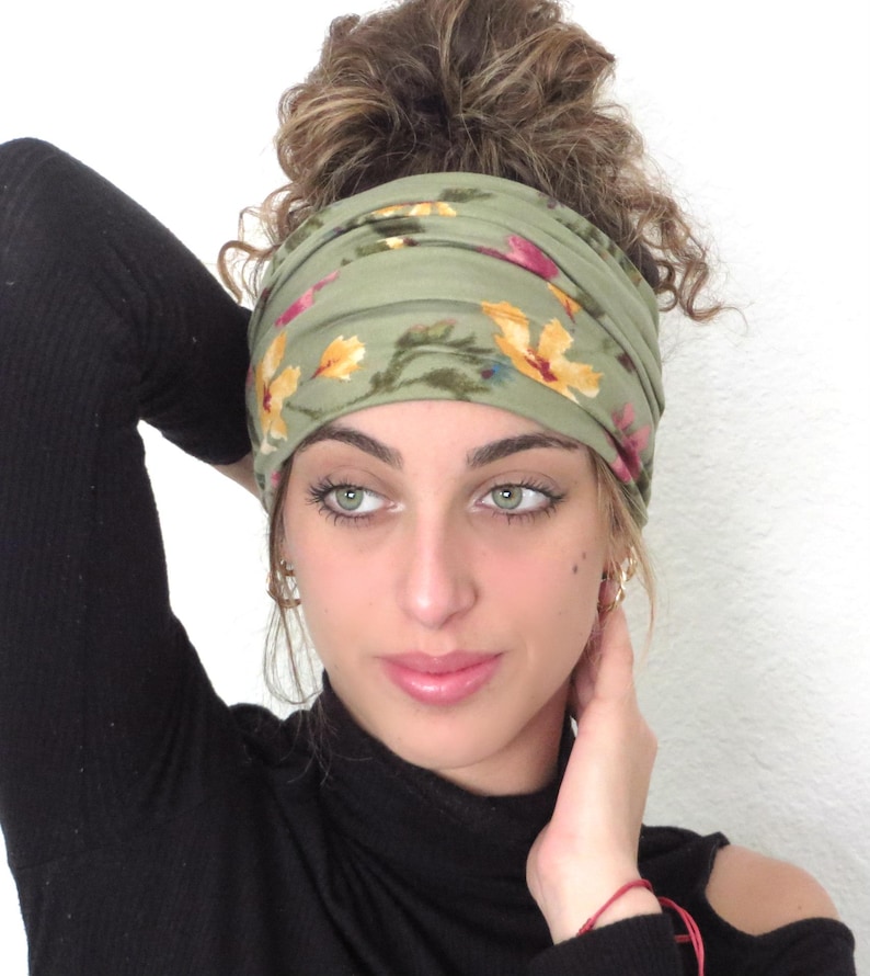 Boho Scrunchy Headband, Hippie Wide Headband, Yoga Headband, Bandana Headband, Women Turban, Sage Floral Headband, Hair Accessories image 8