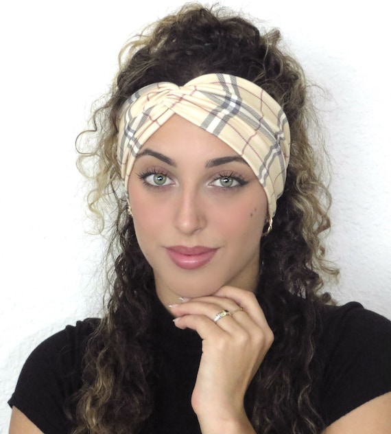 Tan Plaid Headband, Yoga Headband, Plaid Twisted Headband  display picture 1