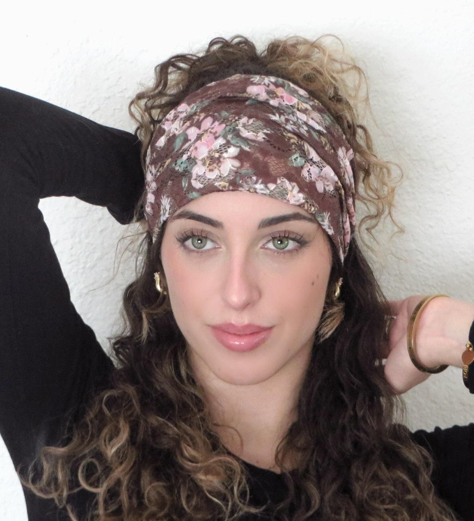 Brown Lace Headband, Wide Stretch Lace Headband, Floral Lace 