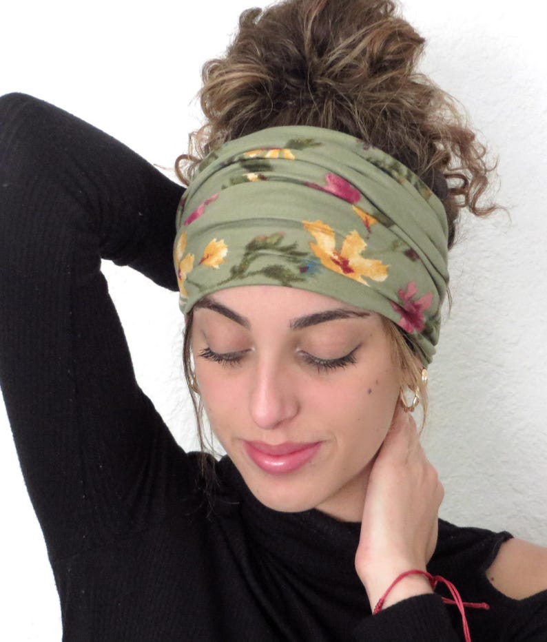 Boho Scrunchy Headband, Hippie Wide Headband, Yoga Headband, Bandana Headband, Women Turban, Sage Floral Headband, Hair Accessories image 6