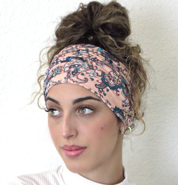 Peach Wide Tube Headband, Hippie Women Headband, Floral  display picture 2