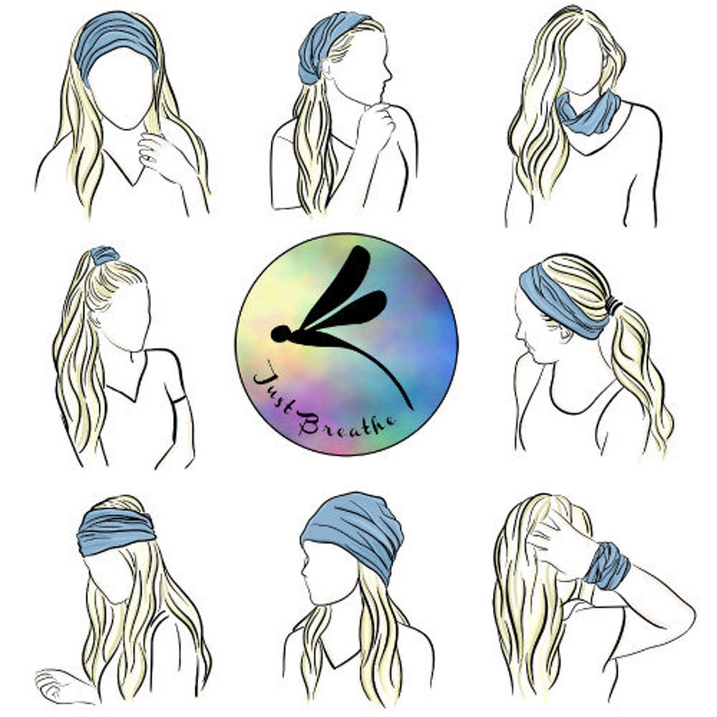 May include: A set of illustrations showing different ways to wear a blue stretchy headband. The headband can be worn as a headband, a ponytail holder, or a scarf. The illustrations are in black and white and feature a woman with long hair.