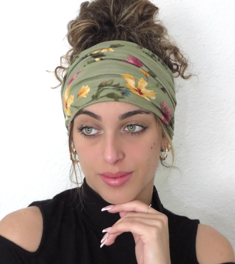 Boho Scrunchy Headband, Hippie Wide Headband, Yoga Headband, Bandana Headband, Women Turban, Sage Floral Headband, Hair Accessories image 4