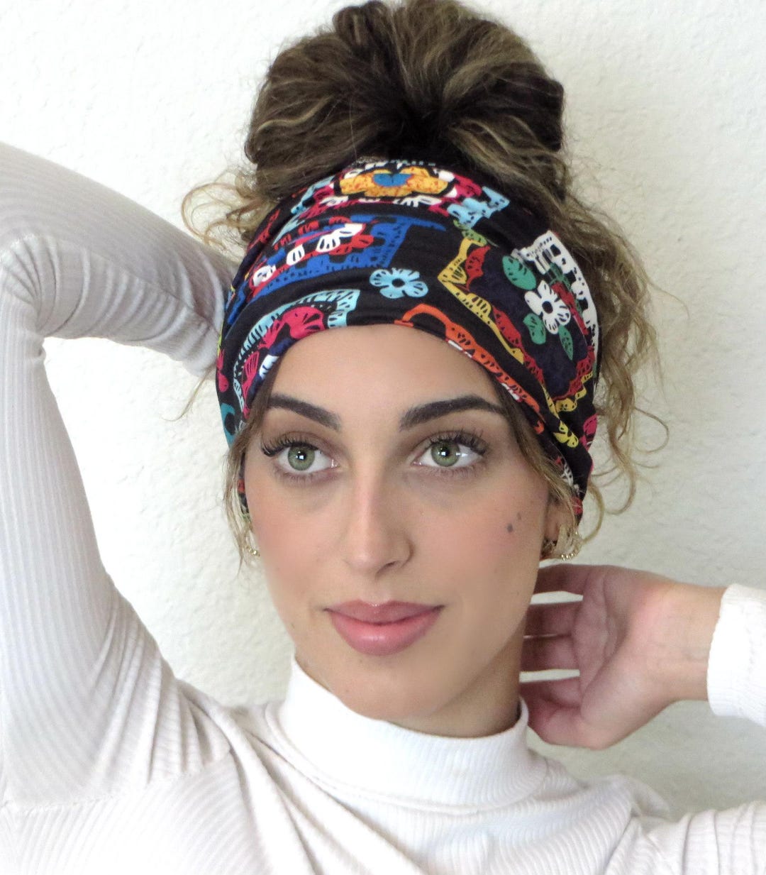 Black Colorful Wide Headband, Scrunchy Headband, Yoga Floral