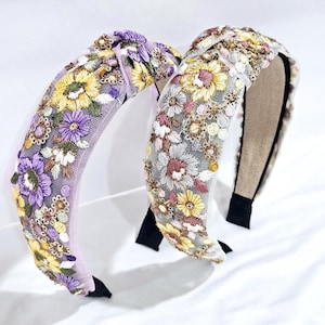 Embroidery Headband, Fabric Lace Embroidery Top Knot Headband, Purple Floral Headband, Boho Headband, Stylish Headband, Knotted Headband