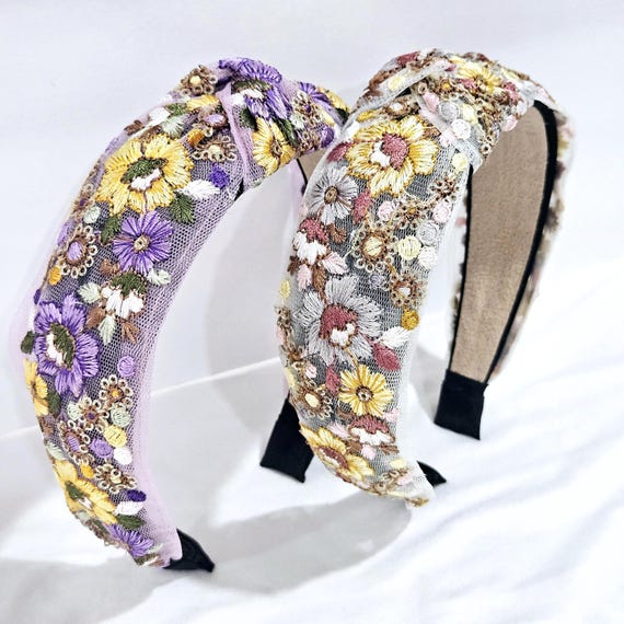 Boho Floral Embroidered Knot headband Embroidery Knot Headband, Fabric Embroidery Headband, Floral  main image 3