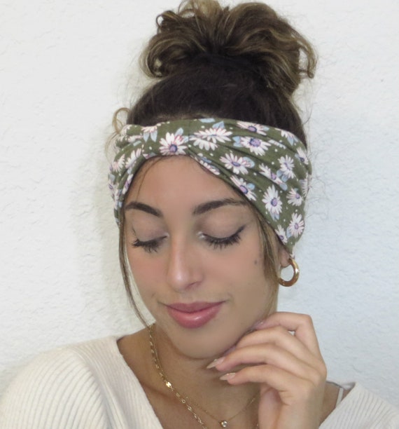 Patterned Olive Green Floral Knot Headband Green Floral Print Knotted Headbands - Etsy main image 3