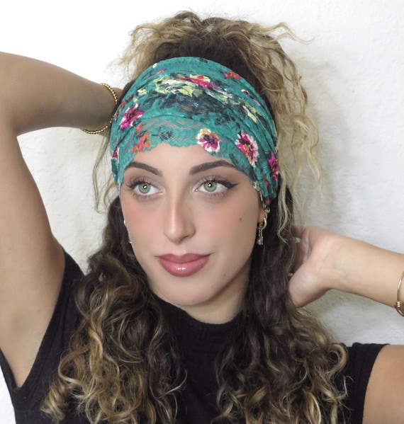 Lace Green Headband, Wide Stretch Lace Headband, Lace Boho  display picture 3