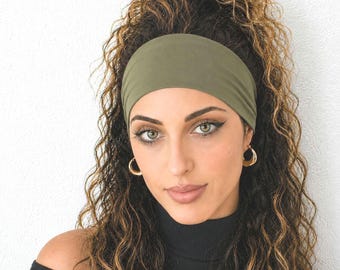 Faixa de cabeça para ioga, cor verde-oliva sólida, para corrida, treino, larga, antiderrapante, estilo hippie, em elastano, modelo S161.