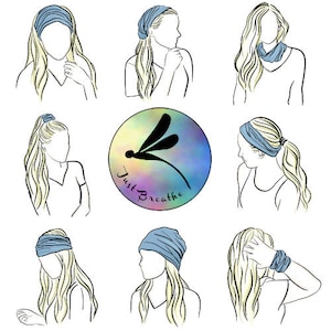 May include: A set of illustrations showing different ways to wear a blue stretchy headband. The headband can be worn as a headband, a ponytail holder, or a scarf. The illustrations are in black and white and feature a woman with long hair.