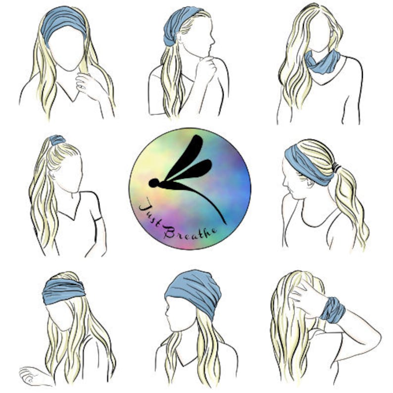 May include: A set of illustrations showing different ways to wear a blue stretchy headband. The headband can be worn as a headband, a ponytail holder, or a scarf. The illustrations are in black and white and feature a woman with long hair.