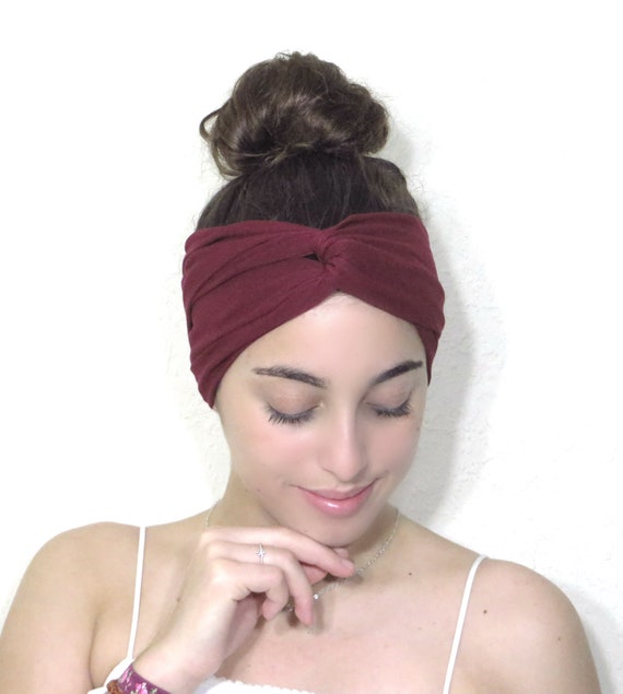 Burgundy Maroon Velvet & Jersey Turban Headband Turban Headband - Hair Warp in Burgundy Jersey Knit - Boho  main image 4