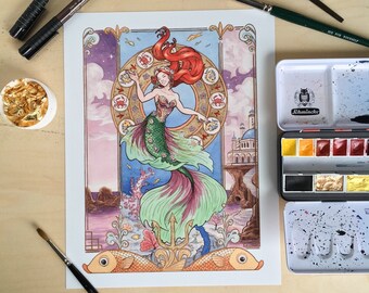 Ariel, The Little Mermaid, Fine Art, Fantasy, Fairytale, Watercolor and Ink, Art Nouveau, Digital Art Print Set