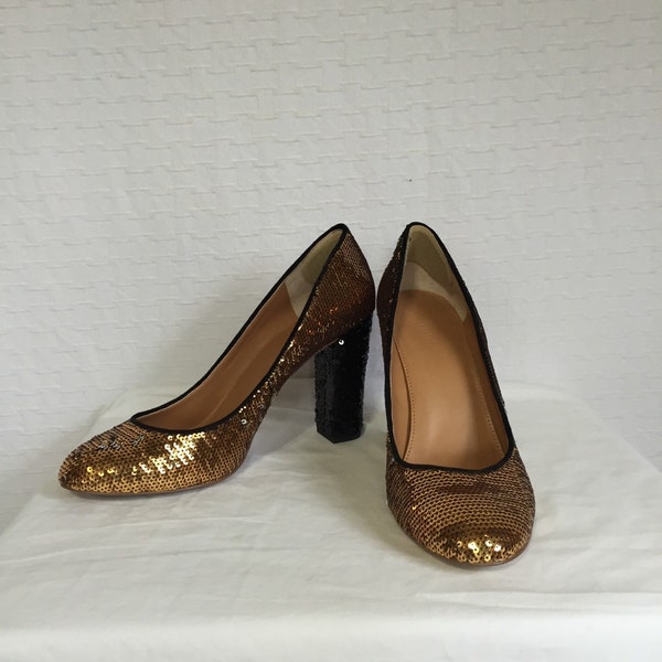 Vintage GLAM ROCK Gold and Black Sequin Heels - Rocky Horror Picture Show Columbia Shoes - Gold Sparkly Pumps - Black Sequin High Heels