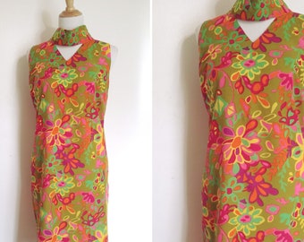 60s dress, L, XL, vintage 60s, mod dress, summer dress, floral dress, psychedelic dress